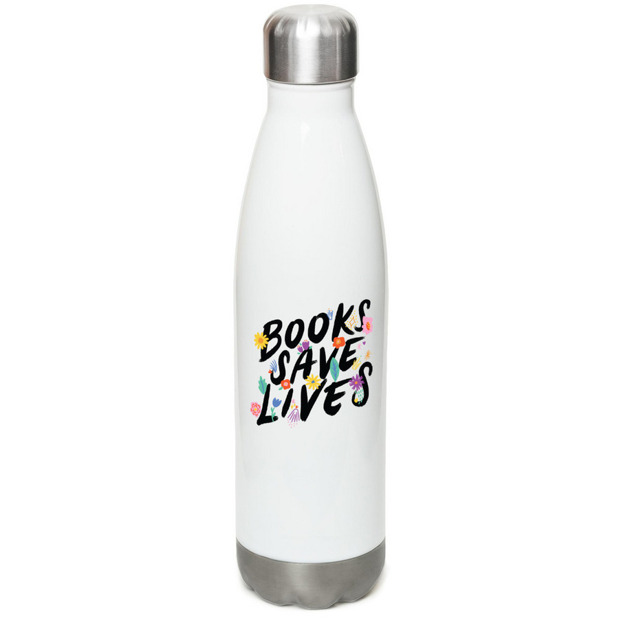 Books Save Lives, a White Stainless Steel Water Bottle