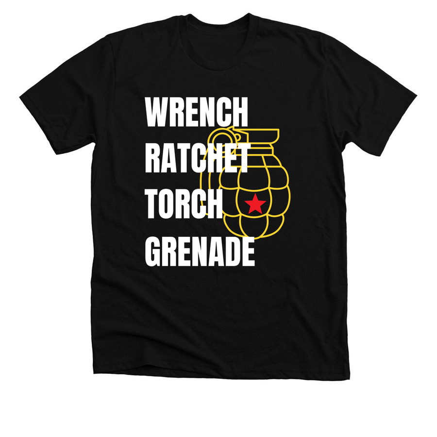 Wrench, Ratchet, Torch, Grenade..., a Solid Black Blend Premium Unisex Tee