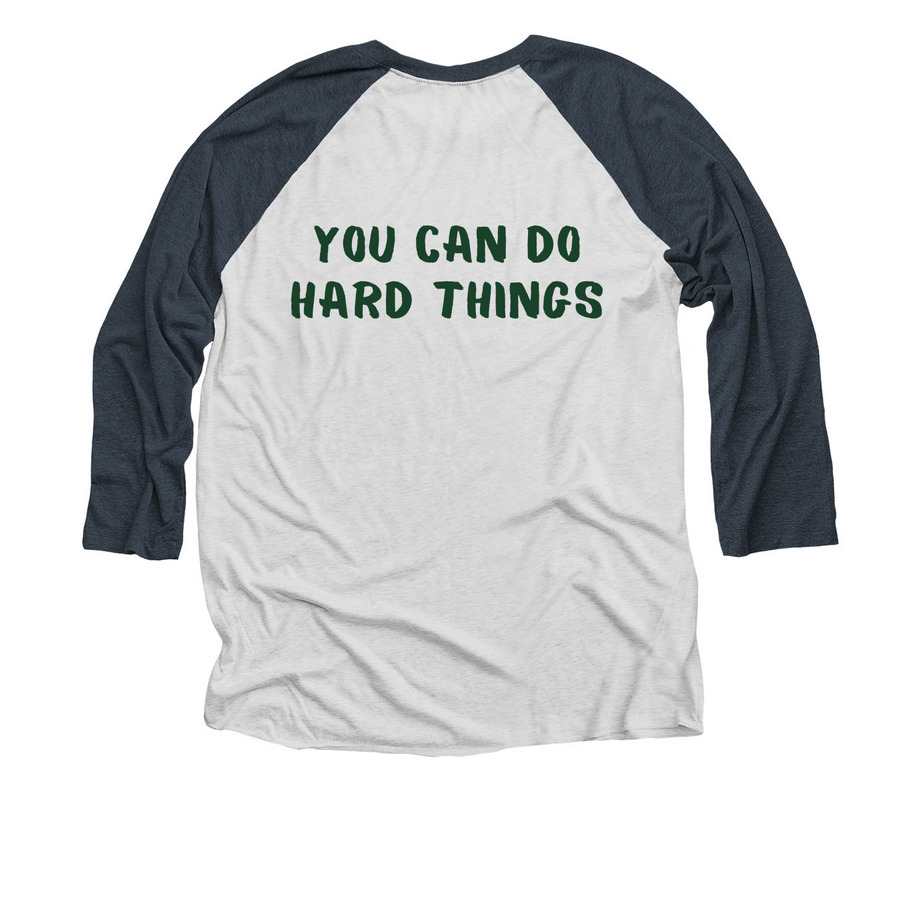 Summer 2026 Shirt- Adult Lighter Colors, a Indigo and Heather White 3/4 Sleeve Baseball Tee (back-view)