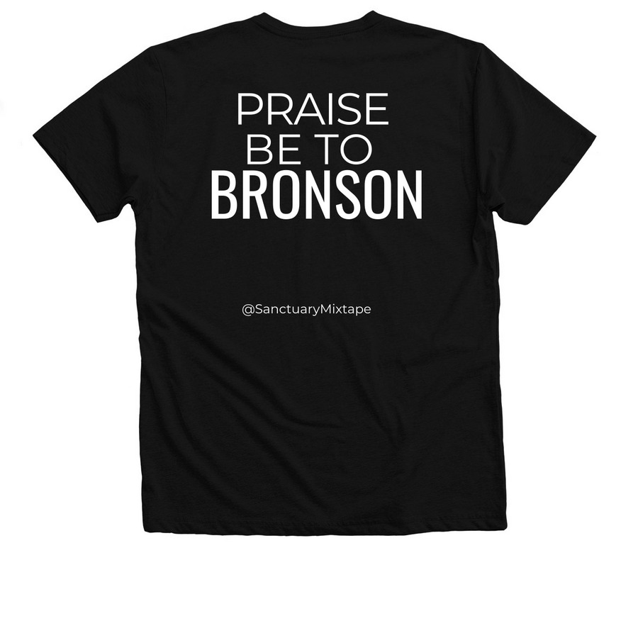 Praise Be To Bronson, a Solid Black Blend Premium V-Neck Tee (back-view)