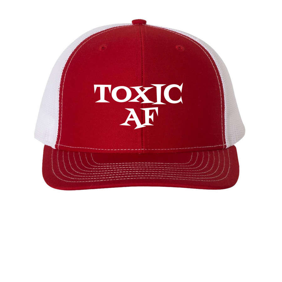 TOXIC AF HATS, a Red/ White Printed Snapback Trucker Cap