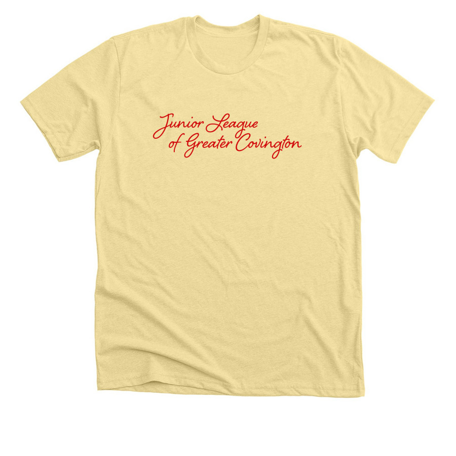 JLGC Script (Red), a Heather French Vanilla Premium Unisex Tee
