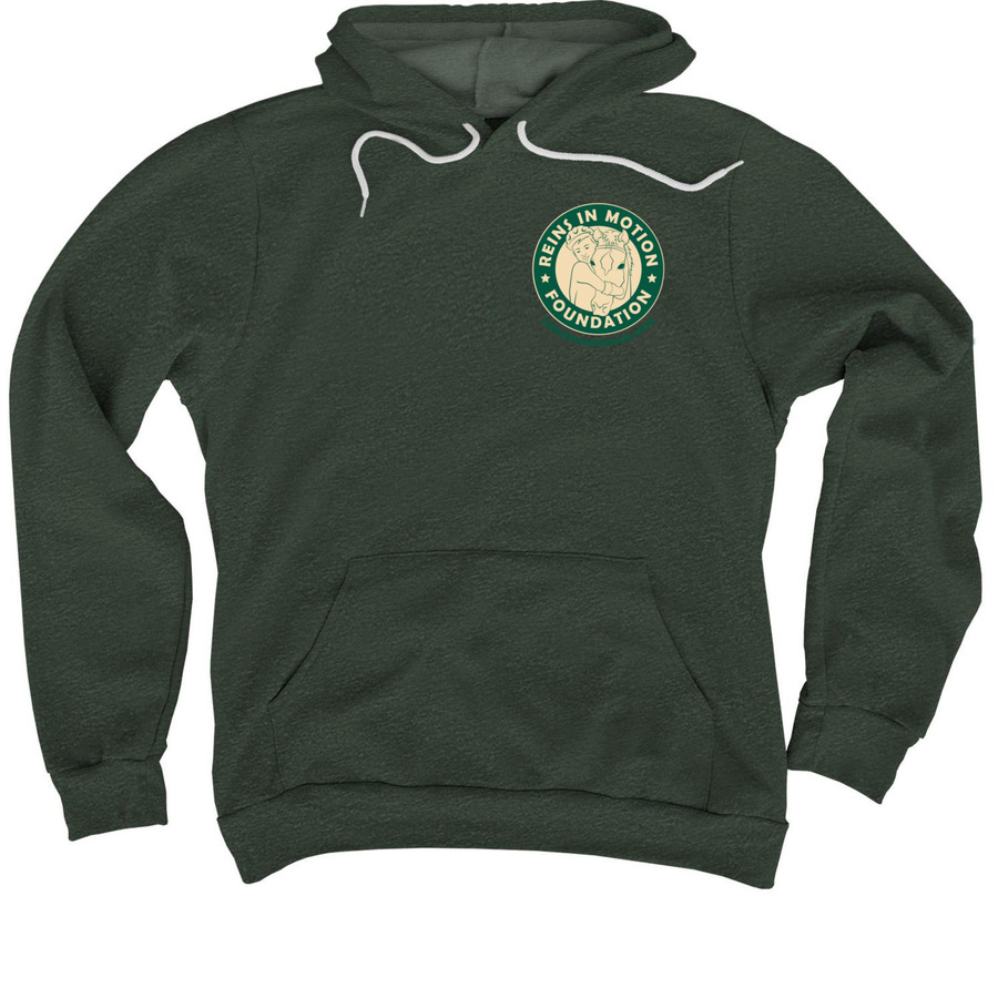 Reins In Motion Apparel (pocket logo), a Heather Forest Premium Pullover Hoodie