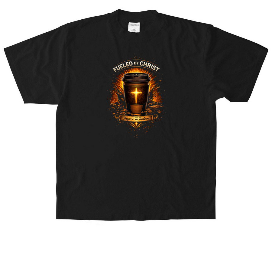 Fueled By Christ ??, a Black Heavyweight Garment Dye Tee