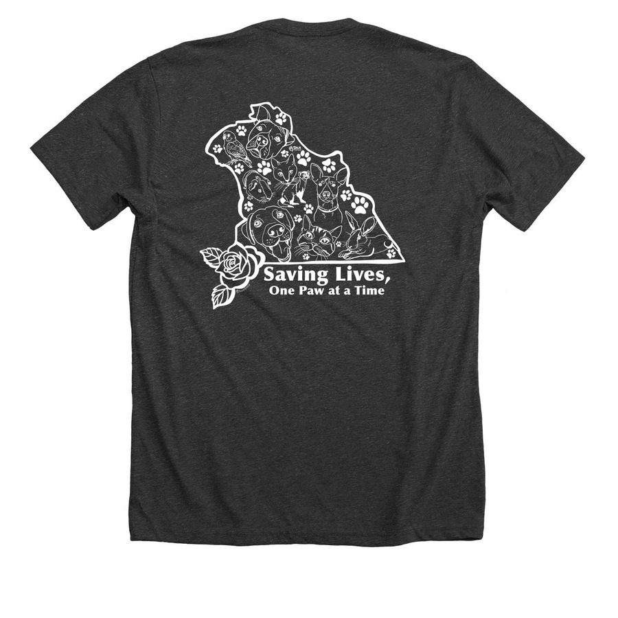 Saving Lives, One Paw at a Time-White, a Dark Grey Heather Premium Unisex Tee (back-view)