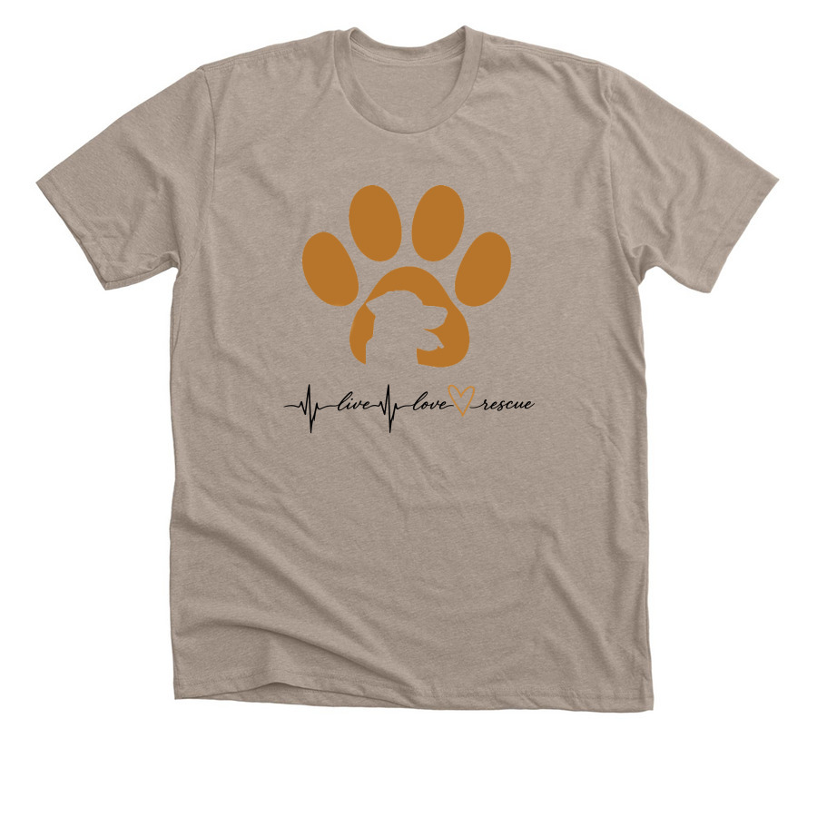 Live Love Rescue - Paw Print - Shirts, a Heather Stone Premium Unisex Tee