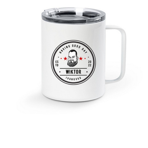 Wiktor Stamp Mug, a White Stainless Steel Travel Mug