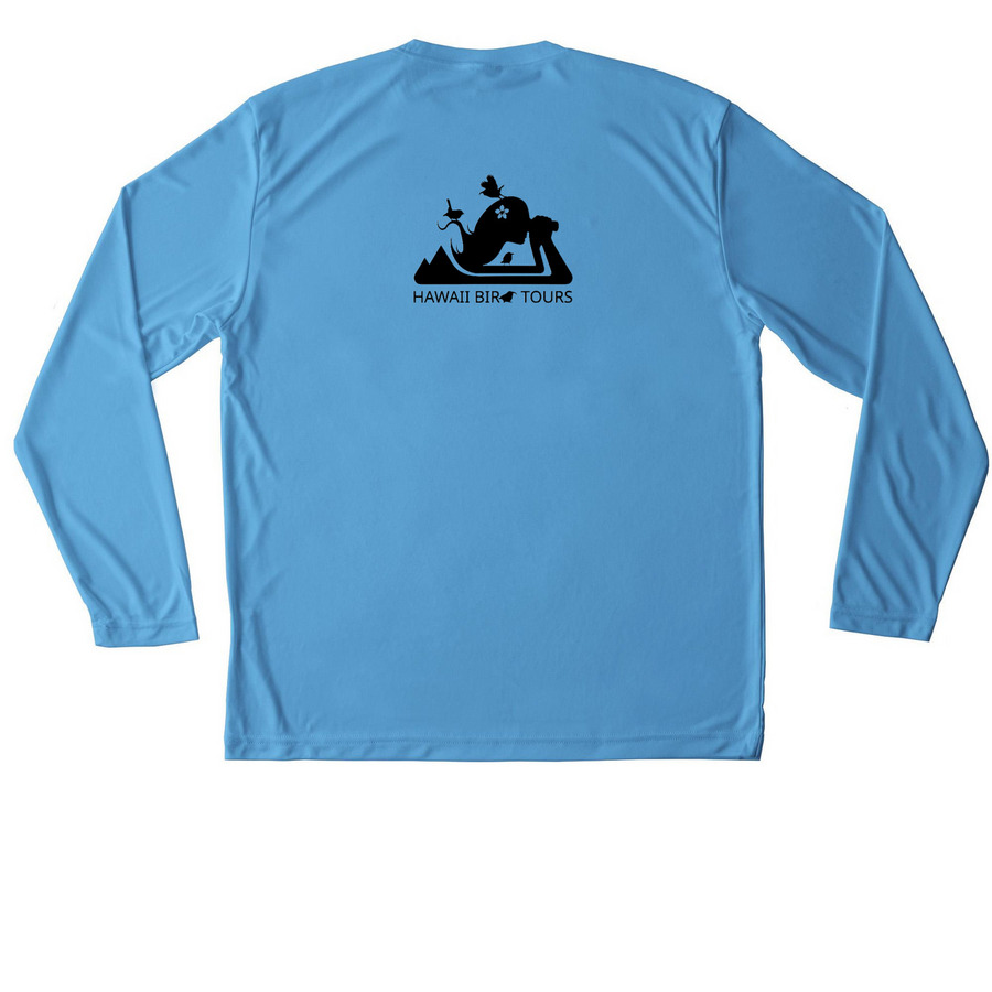 I saw the O'ahu 'Elepaio, a Carolina Blue Unisex Performance Long Sleeve Tee (back-view)