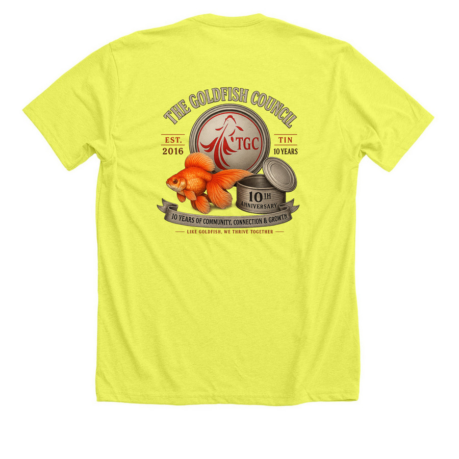 TGC 10th Anniversary T-Shirt Neon, a Neon Yellow Premium Unisex Tee (back-view)