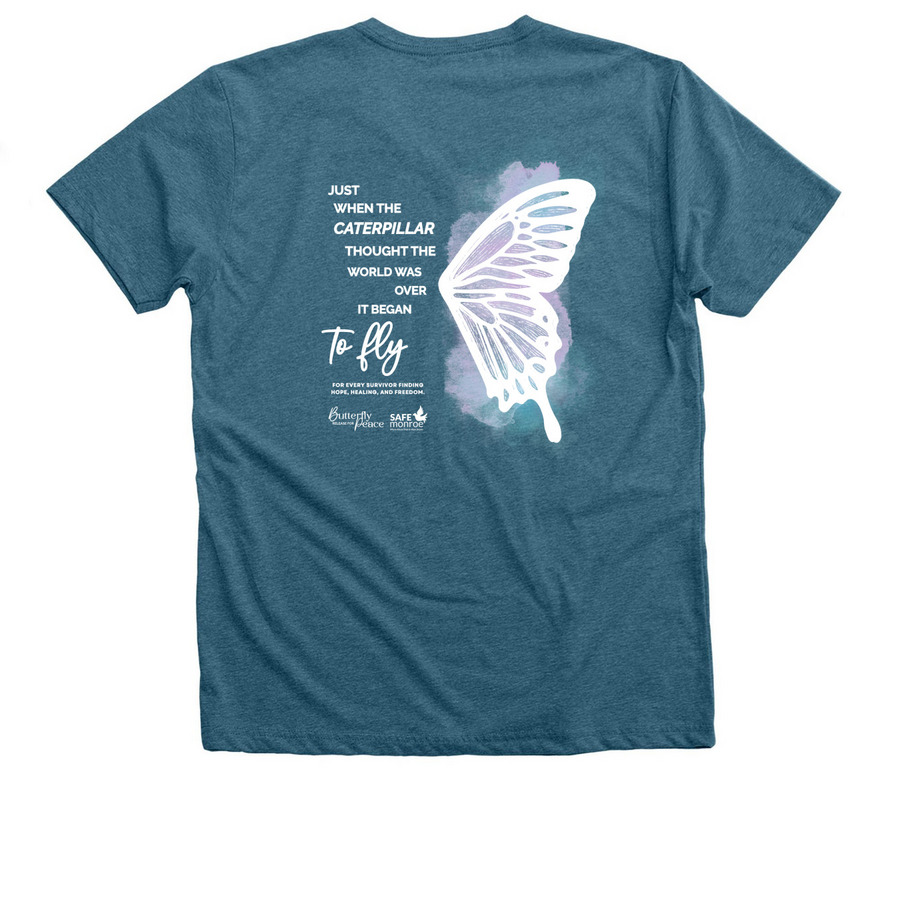 Butterfly Release for Peace, a Heather Deep Teal Premium V-Neck Tee (back-view)