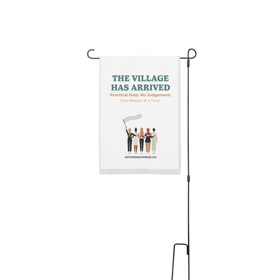 Village Arrived... Yard Flag, a White 12" x 18" Yard Flag with Stake