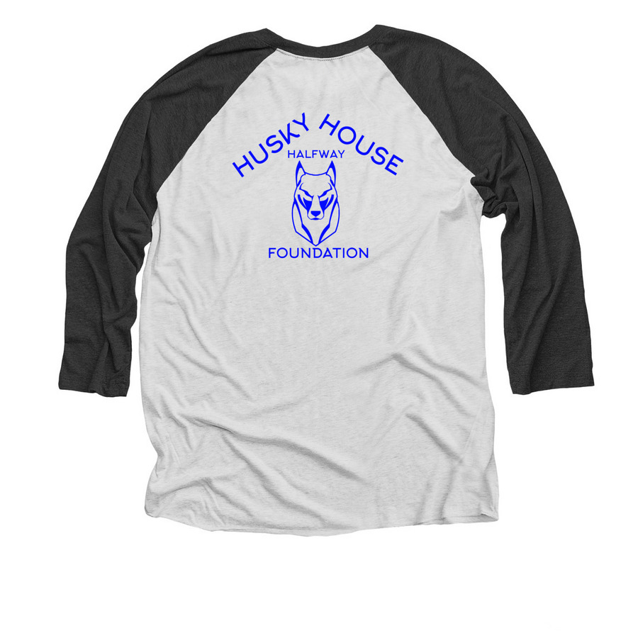 HHH Baseball Tee, a Black and Heather White 3/4 Sleeve Baseball Tee (back-view)