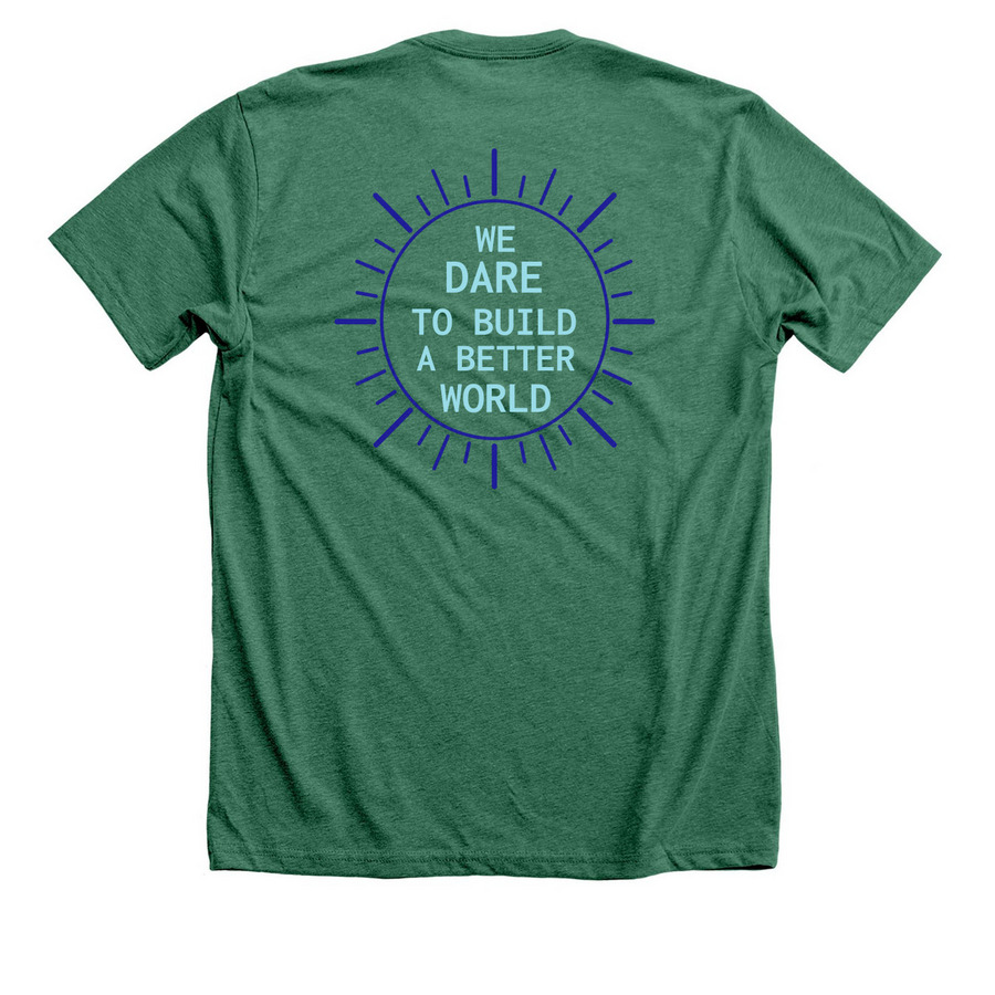 SC 200th | Build a Better World, a Heather Grass Green Premium Unisex Tee (back-view)