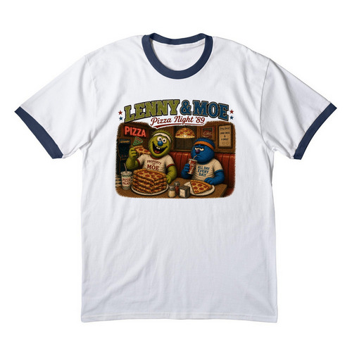 Lenny & Moe Pizza Night ?89 T-Shirt, a White/ Navy Cotton Ringer Tee