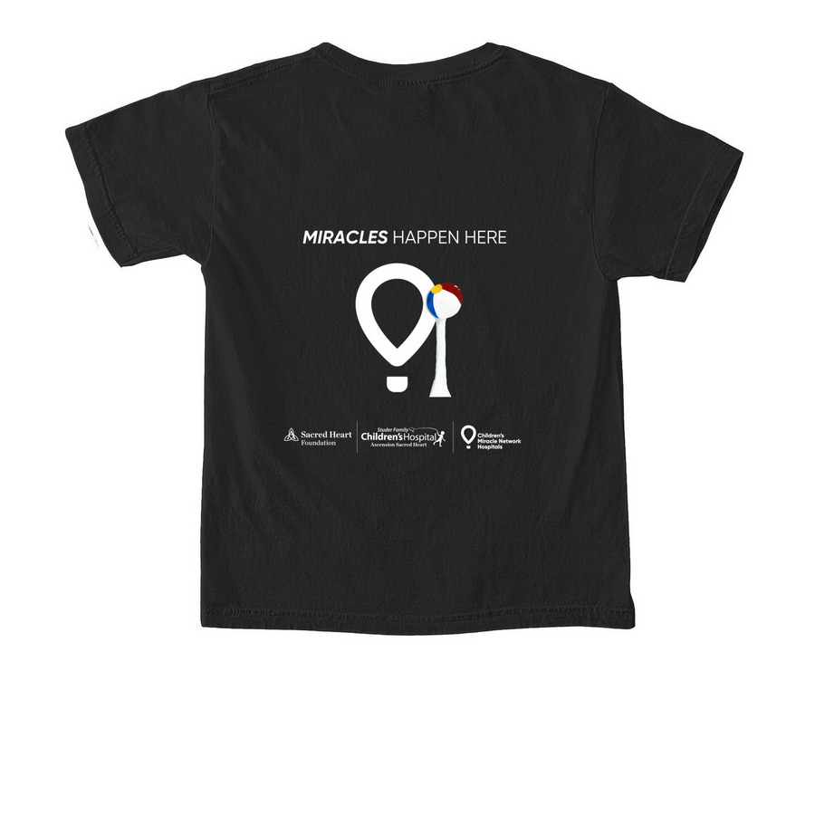 CMN Miracles Happen Here, a Black Comfort Colors Youth Tee (back-view)