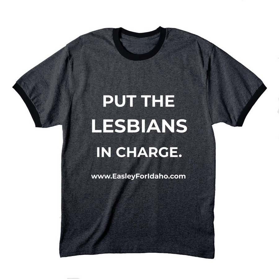 Put the Lesbians In Charge, a Dark Heather Grey/ Jet Black Cotton Ringer Tee