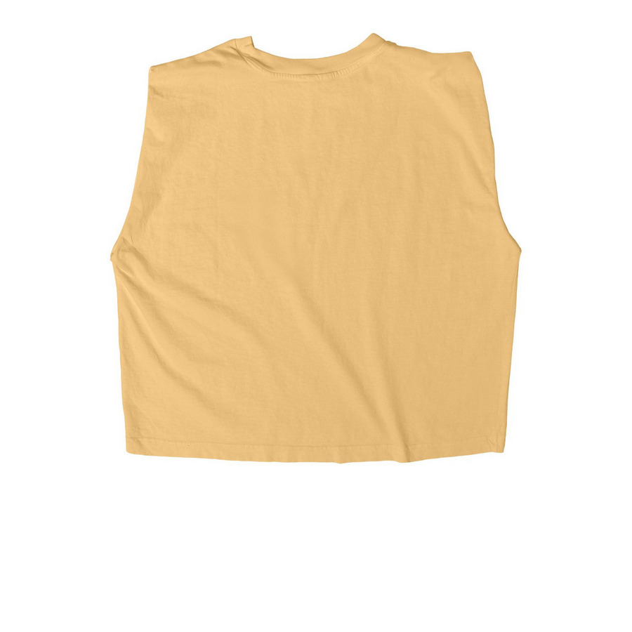 Run the D Tees, a Faded Mustard Women's Heavyweight Garment Dye Muscle Tee (back-view)