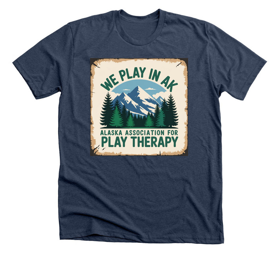 We Play in AK Mountains and Spruce, a Heather Navy Premium Unisex Tee