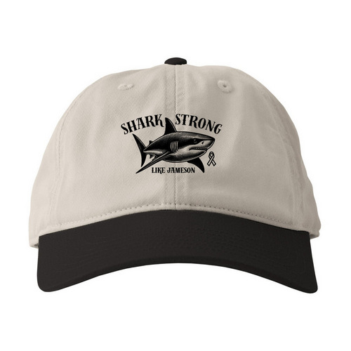 Shark Strong Dad Hat, a Oyster/ Black Printed Eco Baseball Cap