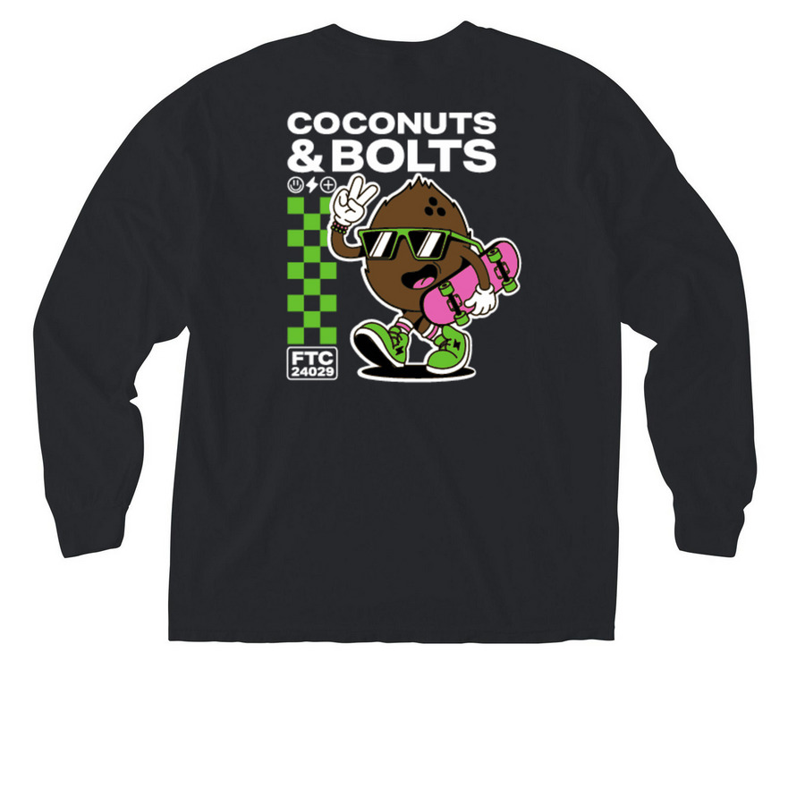 Coconuts & Bolts Pocket Tee, a Black Comfort Colors Long Sleeve Pocket Tee (back-view)