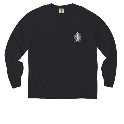 KP Logo on the front, cryptids on back, a Black Comfort Colors Long Sleeve Pocket Tee