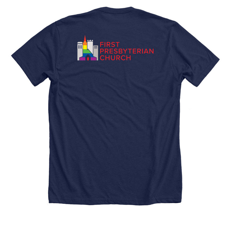 God's Love ? Pride 2026, a Solid Navy Blend Premium Unisex Tee (back-view)