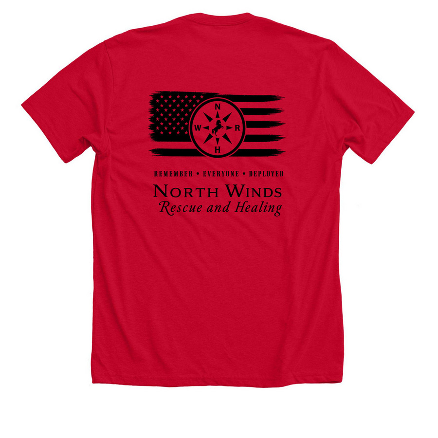 Remember Everyone Deployed, a Solid Red Blend Premium Unisex Tee (back-view)