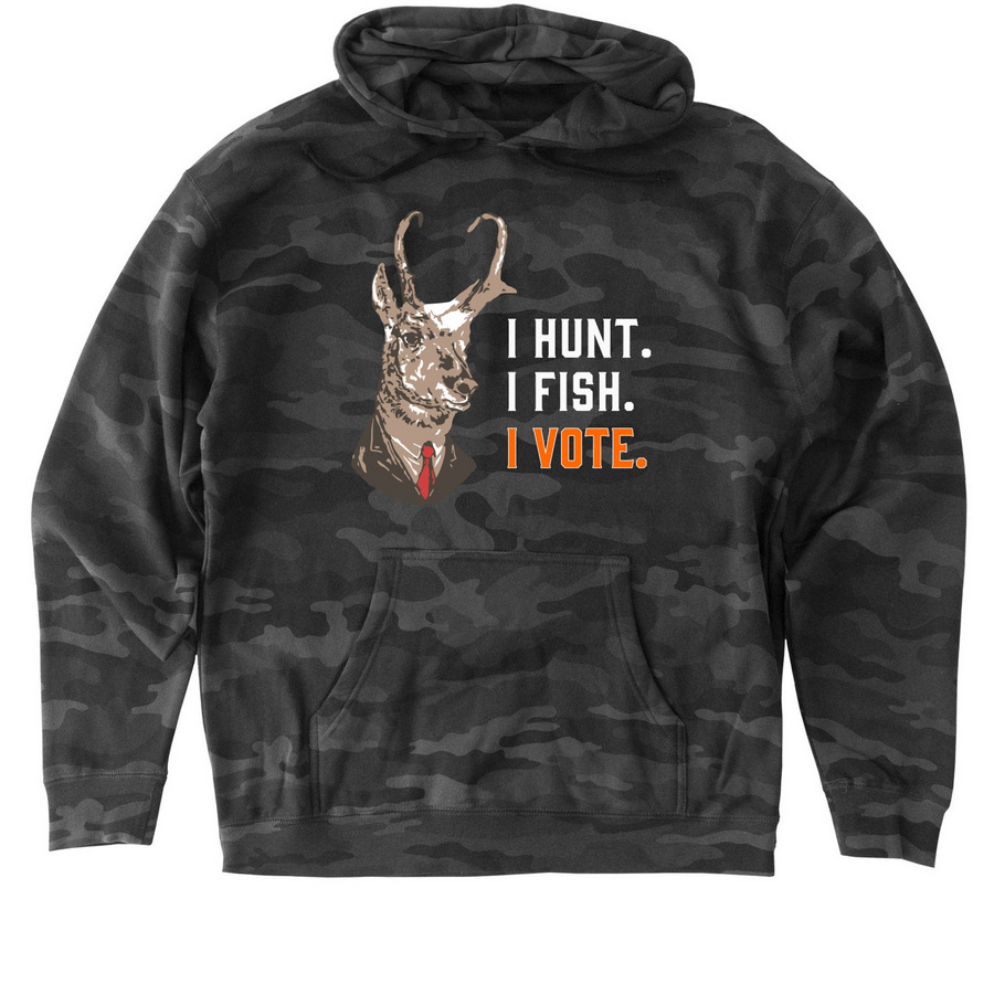 Hunt. Fish. Vote., a Black Camo Heavyweight Camo Pullover Hoodie