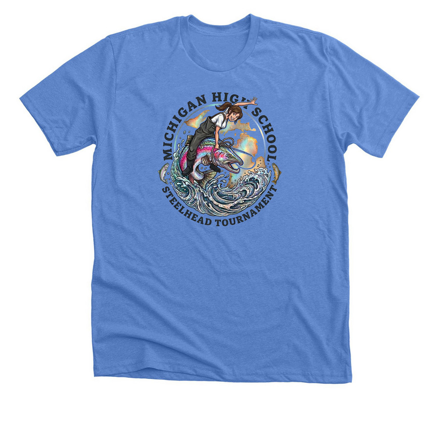 Michigan High School Steelhead Tournament - F, a Heather Columbia Blue Premium Unisex Tee