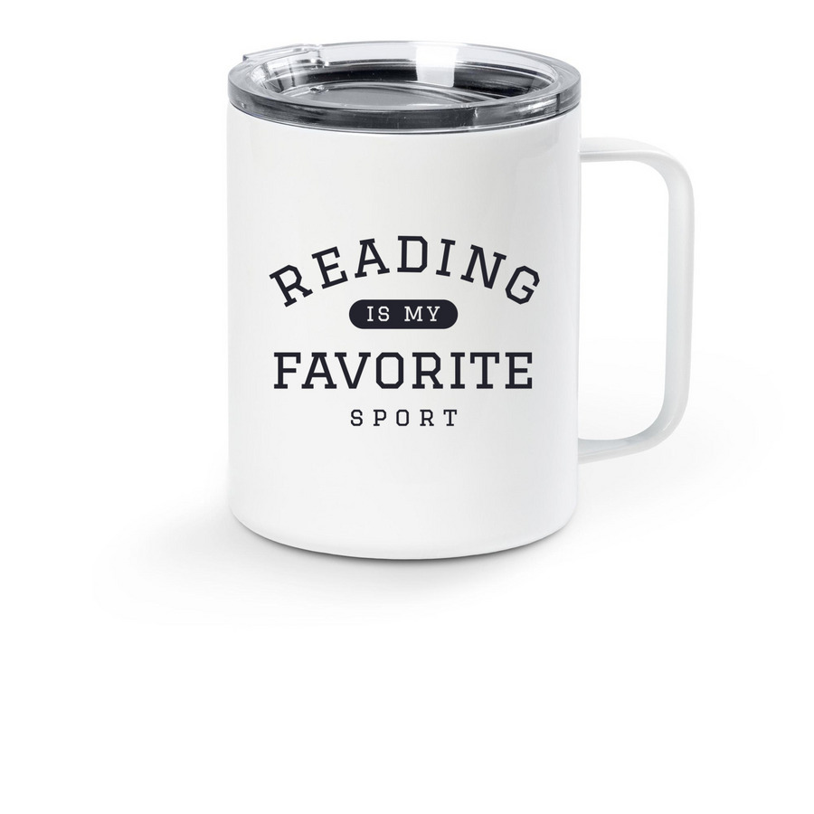 Reading on the Sidelines, a White Stainless Steel Travel Mug