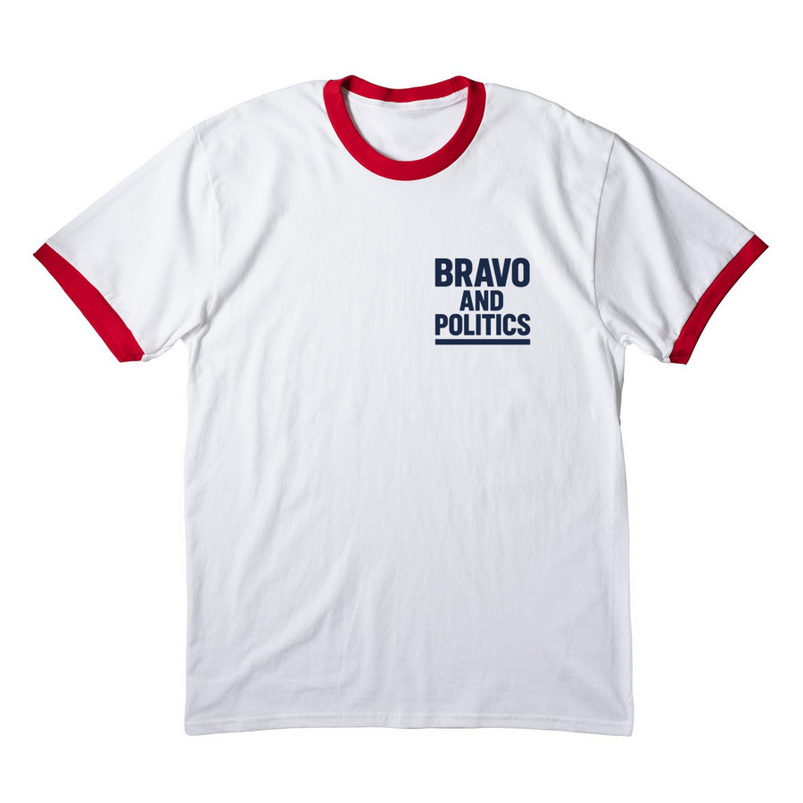 Bravo & Politics, a White/ Red Cotton Ringer Tee