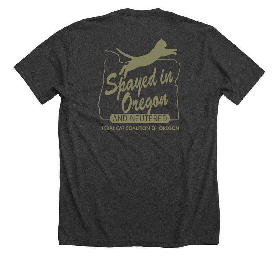 Spayed in Oregon (gold), a Dark Grey Heather Premium Unisex Tee (back-view)