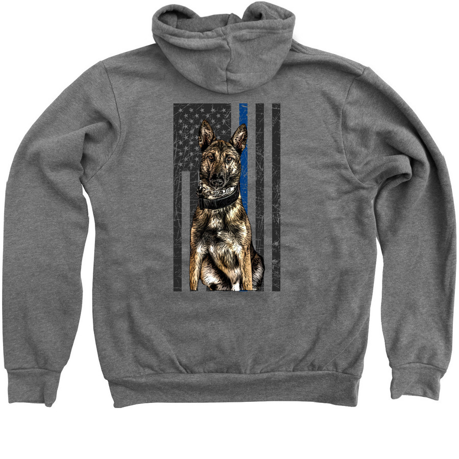 Vesting Oakland County Area K9s: K9 Hades, a Deep Heather Zip Up Hoodie (back-view)