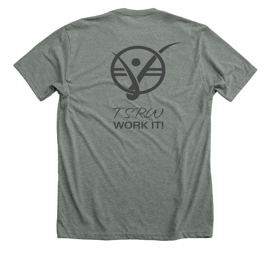 TSRW - Work It!, a Deep Heather Premium Unisex Tee (back-view)