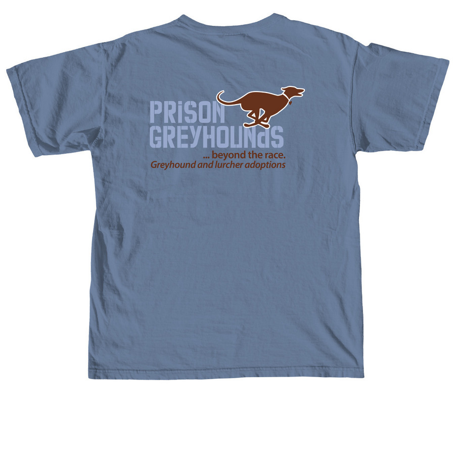 Prison Greyhounds Blue/Brown Logo C1, a Blue Jean Comfort Colors Unisex Tee (back-view)
