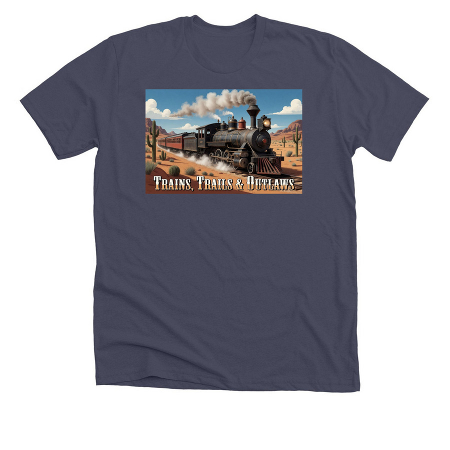 Trains Trails and Outlaws, a Heather Midnight Navy Premium Unisex Tee