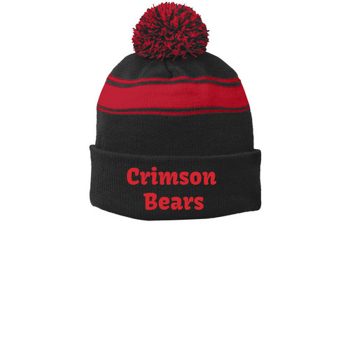 Crimson Bear Beanie, a Black/ True Red Printed Stripe Pom-Pom Beanie
