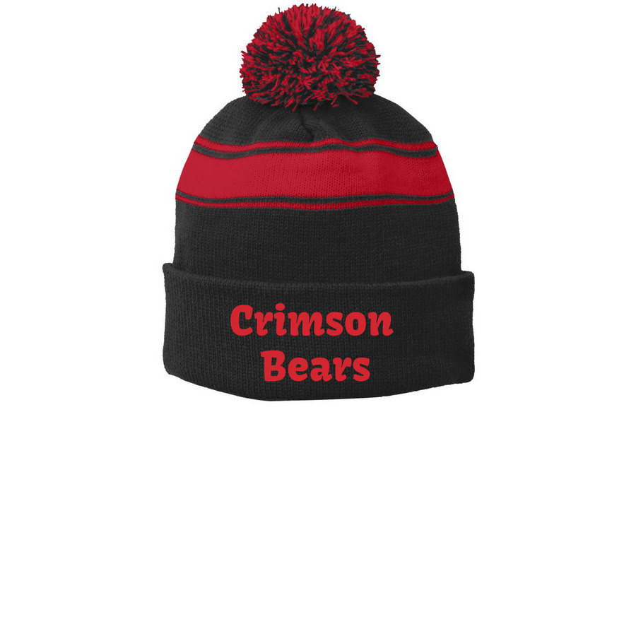 Crimson Bear Beanie, a Black/ True Red Printed Stripe Pom-Pom Beanie