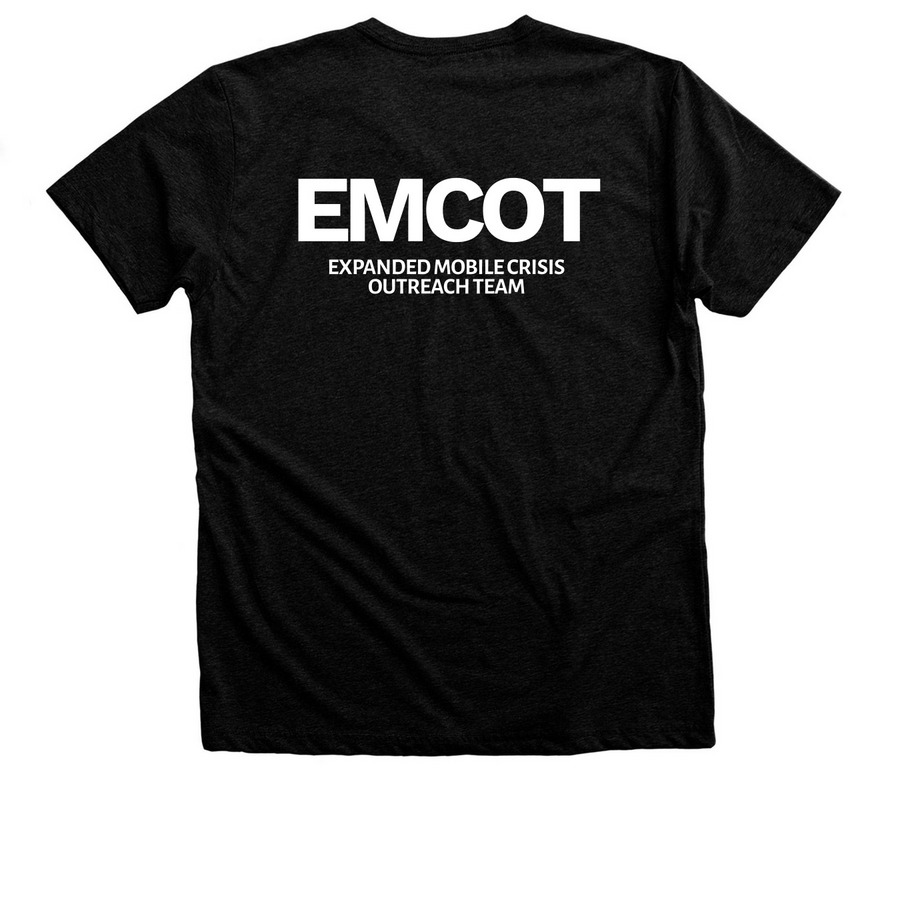 Limited Edition EMCOT apparel (v2), a Black Heather Premium Unisex Tee (back-view)