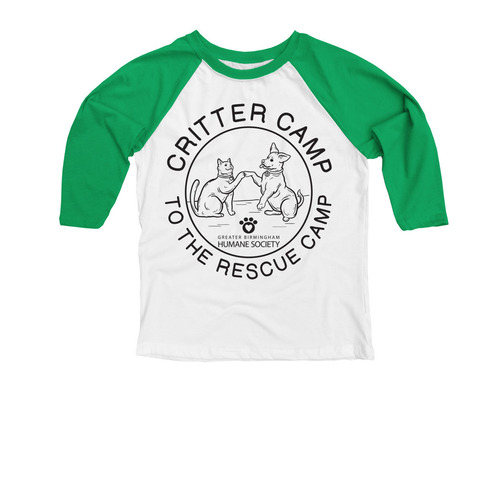 GBHS Critter Camp - To The Rescue Camp, a Kelly Green and White Youth 3/4 Sleeve Baseball Tee