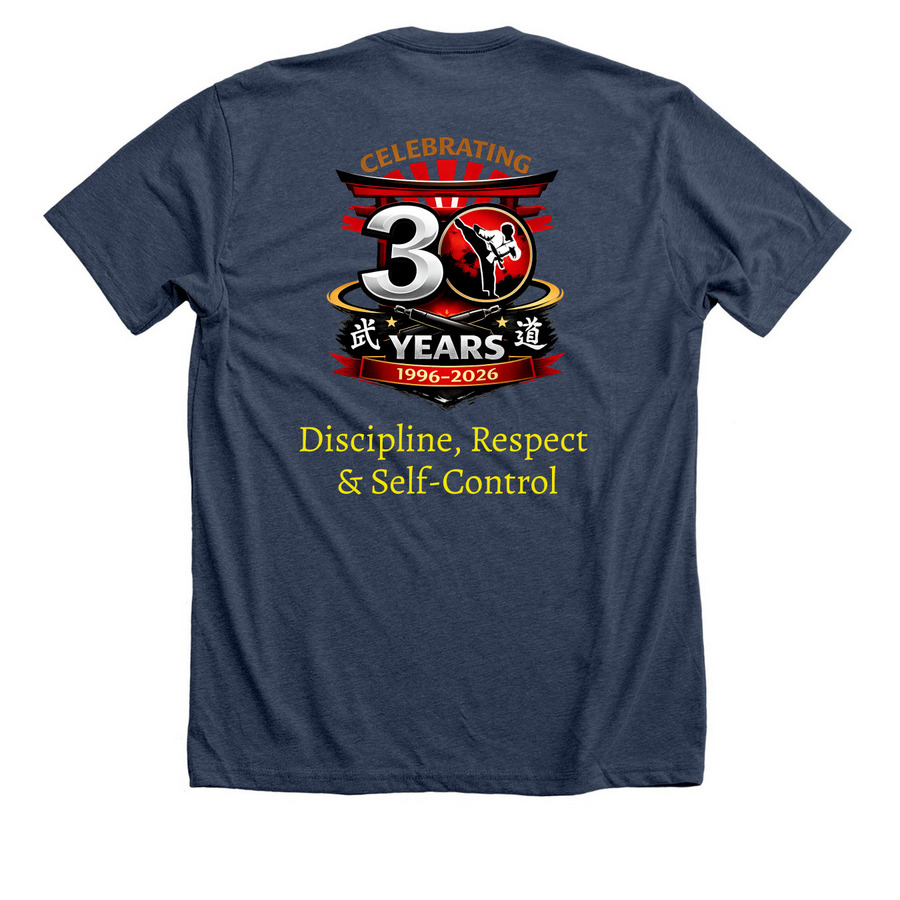 BKMA 30th Anniversary, a Heather Navy Premium Unisex Tee (back-view)