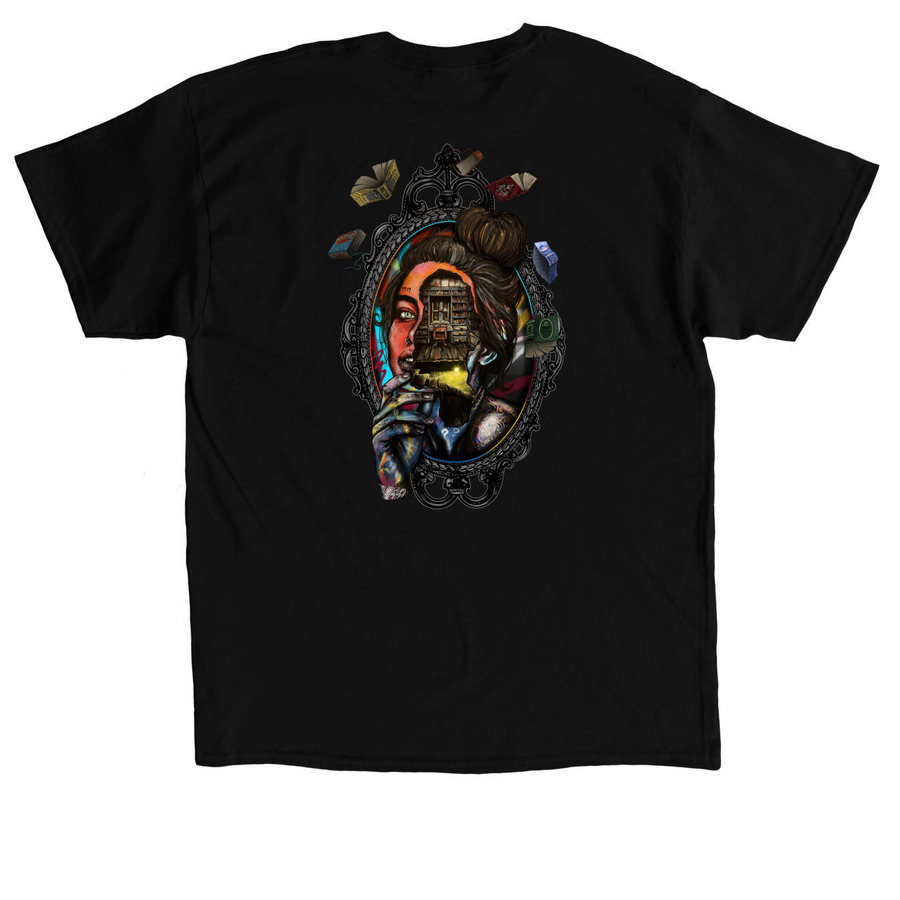 UPSTAIRS, a Black Classic Unisex Tee (back-view)
