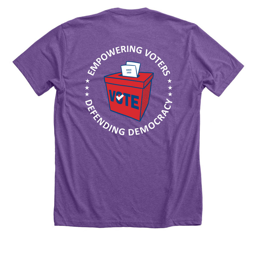LWVLA - Empowering Voters (ballot box), a Heather Team Purple Premium Unisex Tee (back-view)