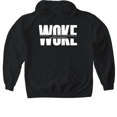 WOKE- midchest, a Black Gildan Softstyle Pullover Hoodie