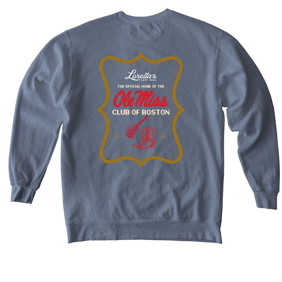 Ole Miss Club of Boston x Loretta's - Blue, a Blue Jean Comfort Colors Crewneck Sweatshirt (back-view)