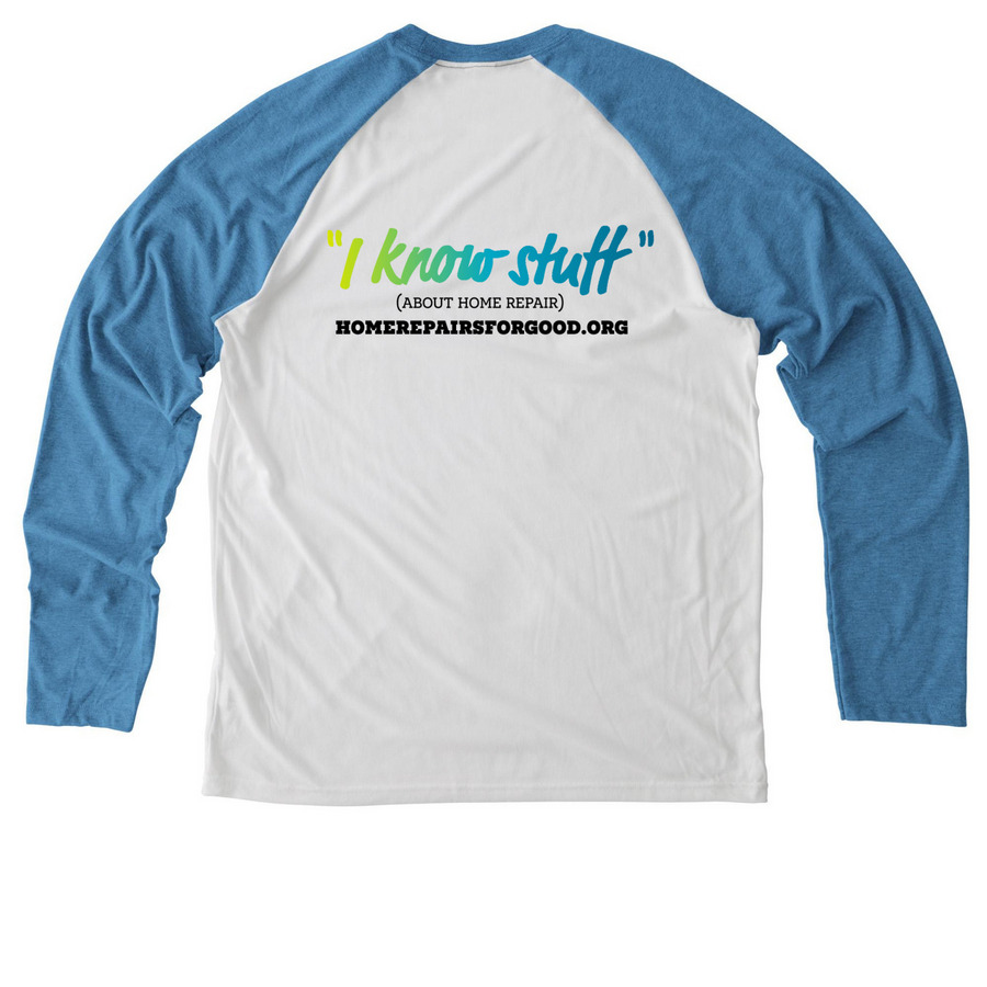 Handy Volunteers Know Stuff, a Azure Blue/ Bright White Allmade Eco Triblend Colorblock Raglan Long Sleeve Tee (back-view)