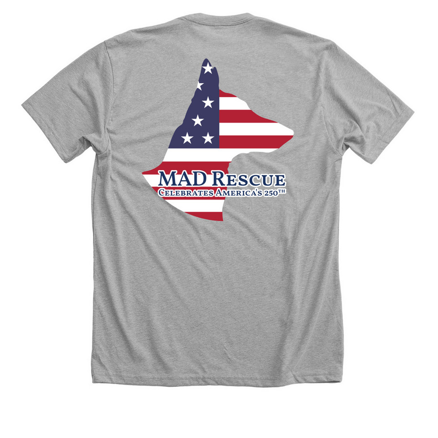 ?? MAD RESCUE CELEBRATES AMERICA'S 250TH, a Athletic Heather Premium Unisex Tee (back-view)
