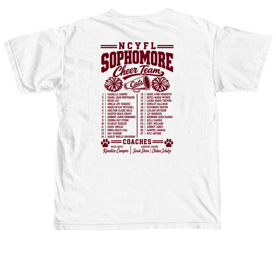 Sophomore Cheer Roster Shirts, a White Comfort Colors Unisex Tee (back-view)