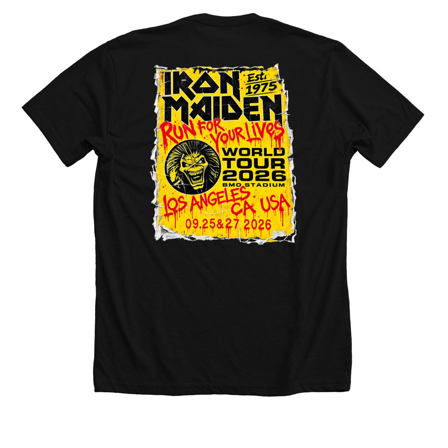 Iron Maiden Los Angeles Event T-Shirt, a Solid Black Blend Premium Unisex Tee (back-view)