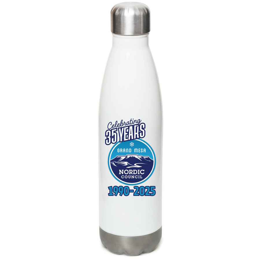 35th Anniversary Commemorative Water Bottle, a White Stainless Steel Water Bottle
